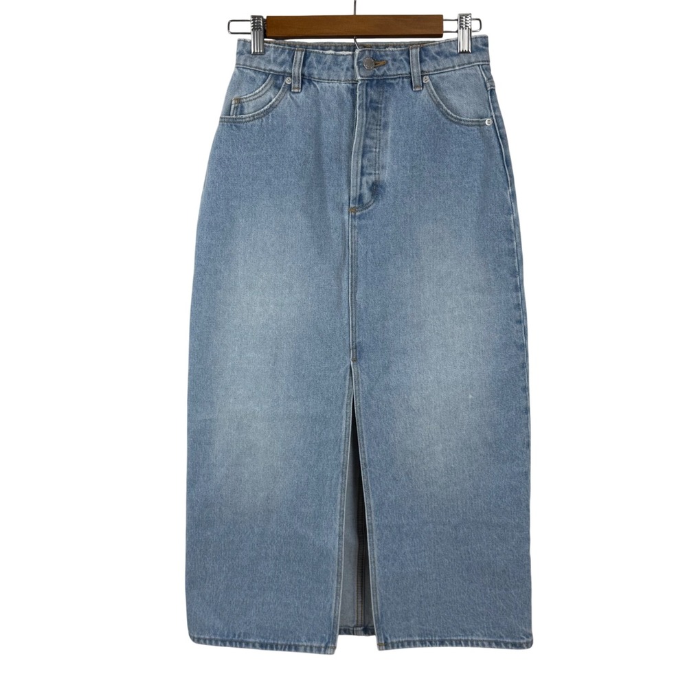 ROLLAS Womens Denim Maxi Skirt Light Wash Button Fly Front Slit Size 25